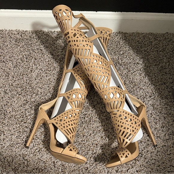 Shoes - Tan Cutout Knee-High Women's Boots